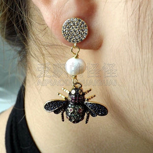 E050114 White Pearl Mixed Color Insect CZ Earrings