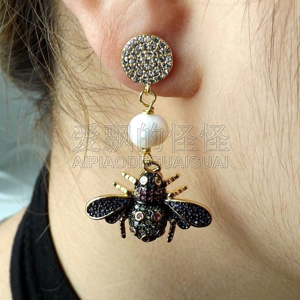 E050114 White Pearl Mixed Color Insect CZ Earrings