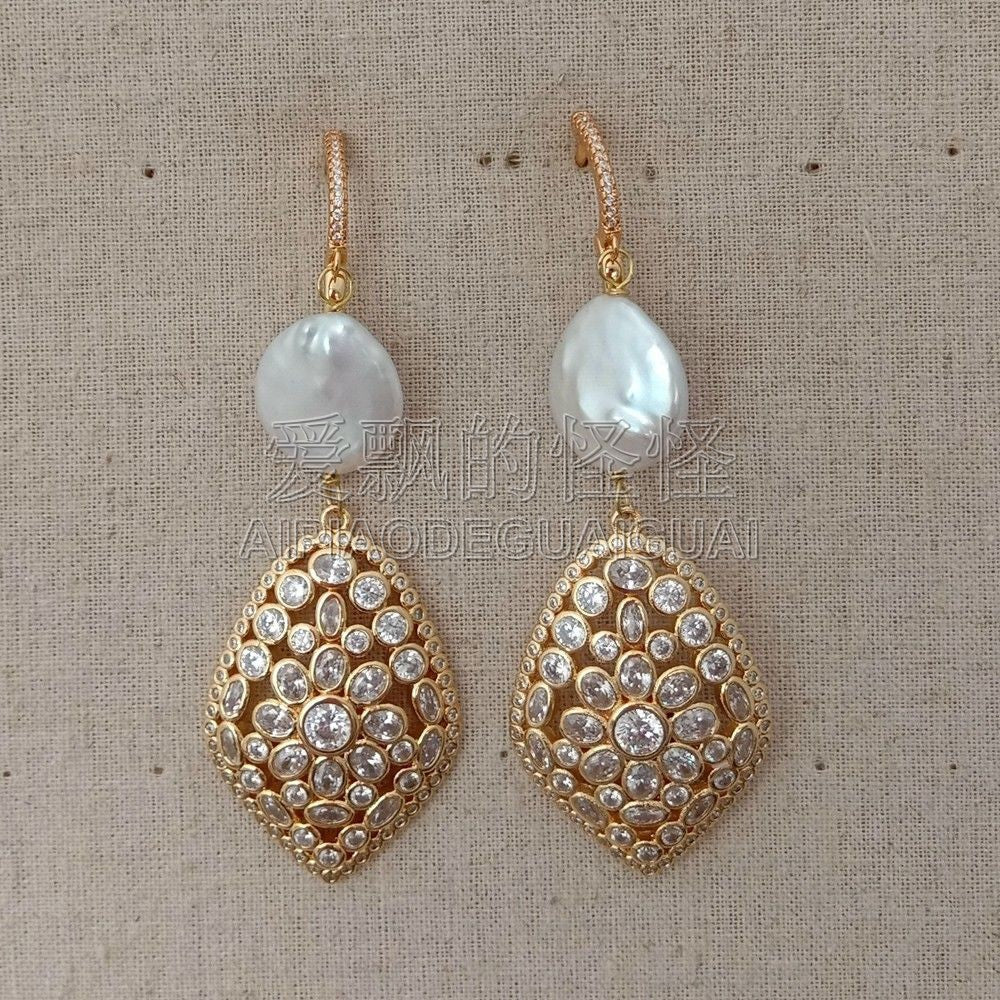E051618 3.1'' White Coin Pearl Golden Plated CZ Earrings