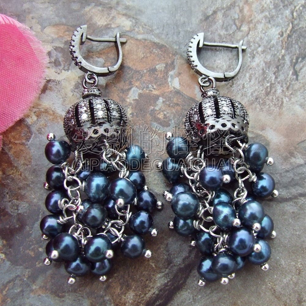 E061915 Blue Pearl Earrings CZ Pave Leverback
