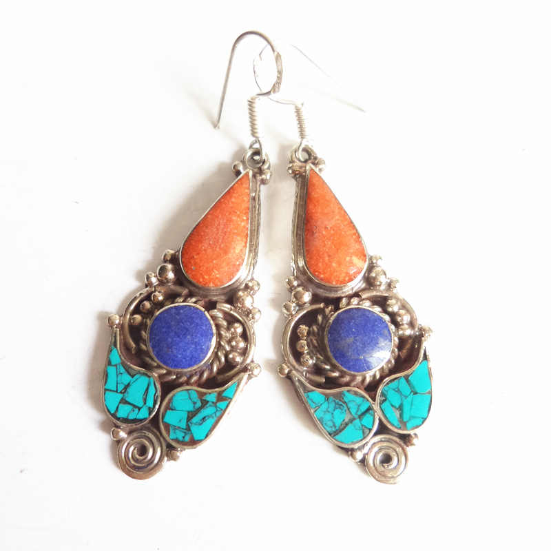 E066 Indian Vintage Colorful Handmade Earrings Copper Inlaid Stone Lovely Flower Multi Colors