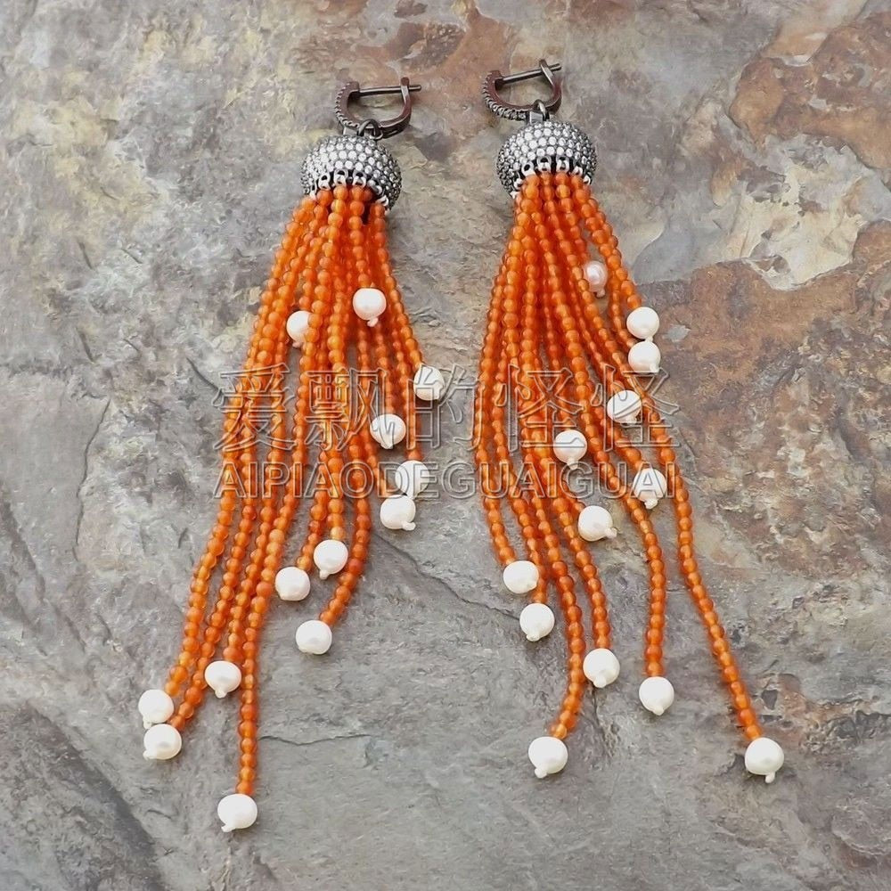 E071613 White Pearl Orange Stone Earrings CZ Leverback