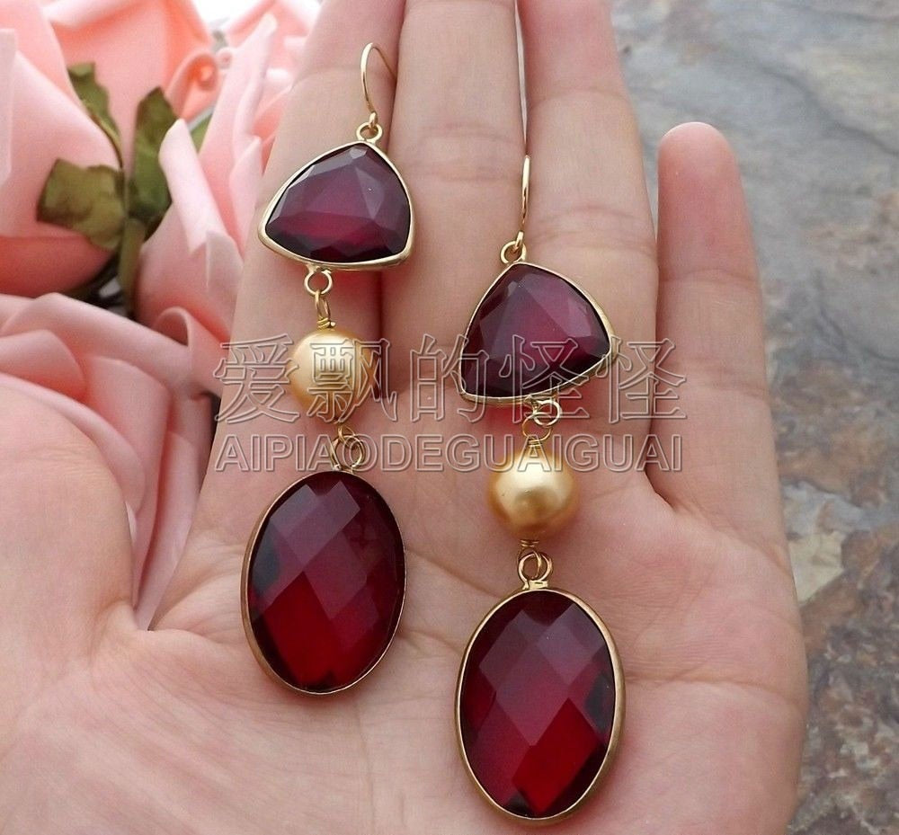 E071714 Champagne Sea Shell Pearl Red Crystal Earrings