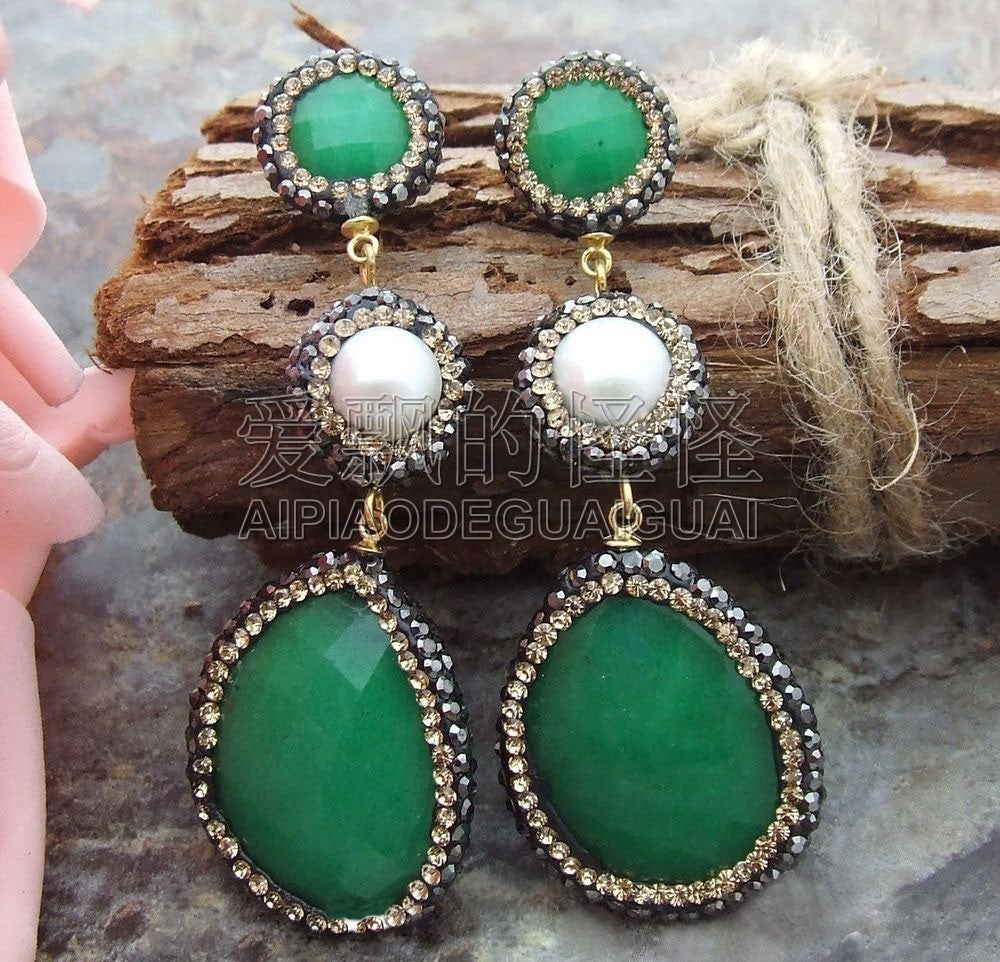 E082514 White Pearl Green Trimmed With Marcasite Earrings