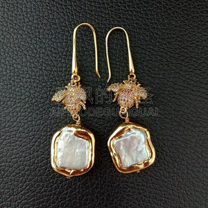 E092603 White Square Keshi Pearl 24K Golden Plated Cz Pave Beetle Hook Earrings