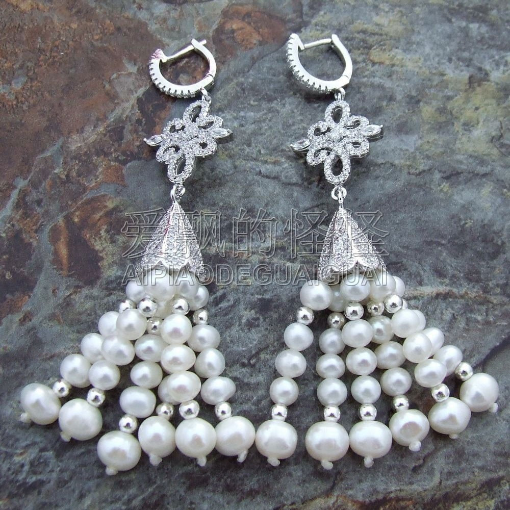 E101614 White Round Pearl CZ Pave Lever Back Earrings