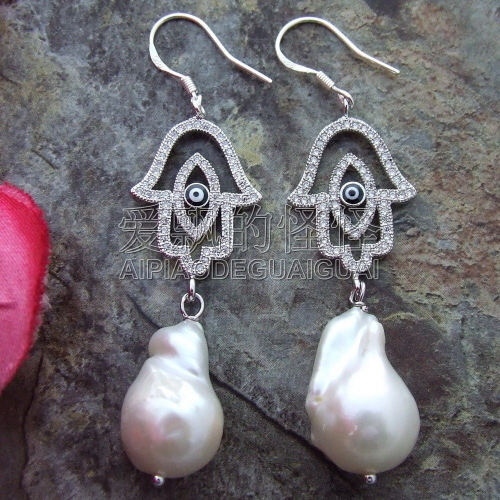 E110214 White Keshi Pearl Silver Hook Earrings Hamsa Cz Connector