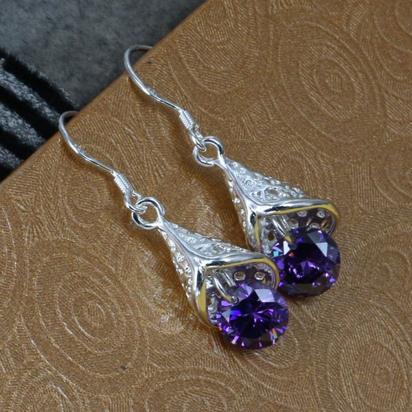 E208 Wholesalesilver plated love cute earrings, silver fashion jewelry, Inlaid Purple Stone Cone Earrings /asxajkeasb