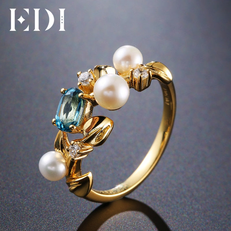 Romantic Leaf Natural Topaz Pearl 925 Sterling Silver Ring For Women Christmas Jewelry