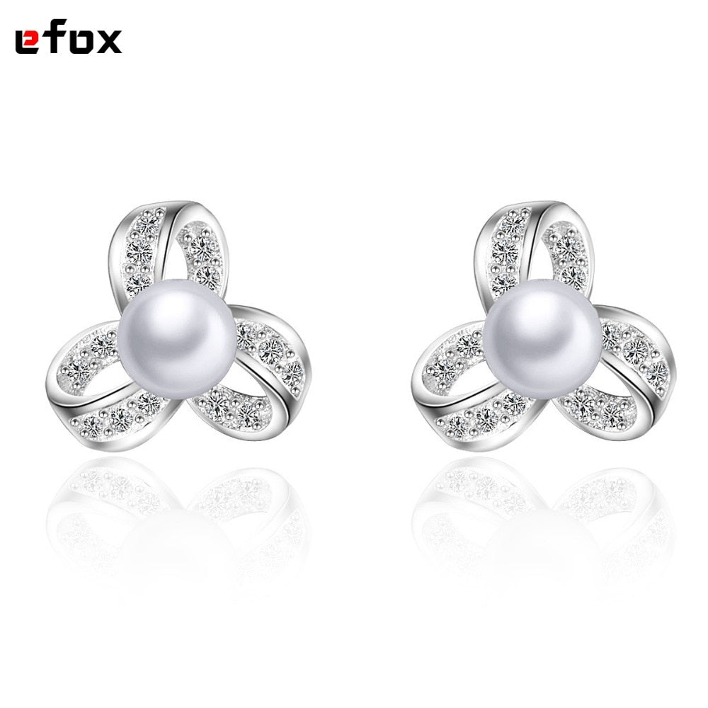 Fashion Round Pearl Earrings For Women High Quality Silver Jewelry Clover Crystal Stud Earrings