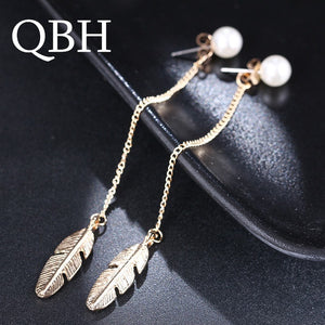 EK287 Leaf Imitation Pearl Long Tassel Drop Earrings For Women Wedding Jewelry Vintage Fashion Elegant Lover Feather Brincos