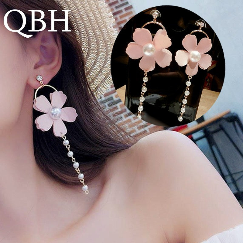 EK728 2018 New Fashion Circle Simulation Pearl Pink Flower Brincos Long Tassel Statement Beaded Drop Earrings Cute Women Jewelry