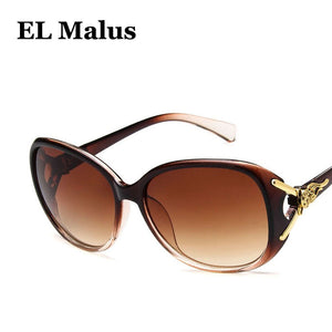 [EL Malus]Gold Metal Side Oval Frame Fox Sunglasses Women Retro Brand Designer Sun Glasses Tan Mirror Female Driving