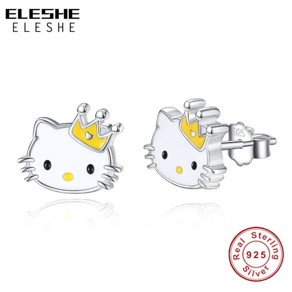 Lovely 925 Silver Small Cat Stud Earring Crown Kitty Earrings For Girls Charm Jewelry Children Earrings