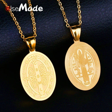 Gold Saint Benedict of Nursia Necklace for Men Women 316L Stainless Steel Cross Pendant Necklaces Christmas Gift