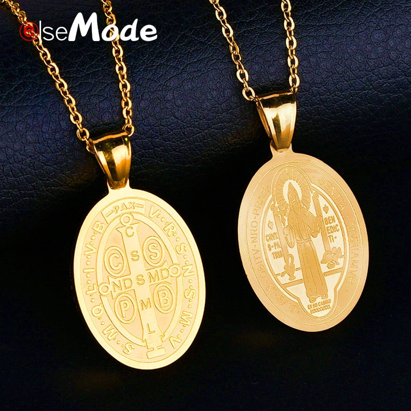 Gold Saint Benedict of Nursia Necklace for Men Women 316L Stainless Steel Cross Pendant Necklaces Christmas Gift
