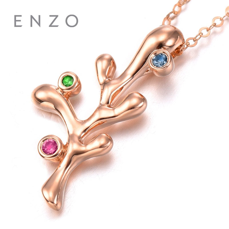 Ocean Coral Shape Necklace with Tsavorite Blue Topaz and Tourmaline 18K Rose Gold Natural Gemstone Design