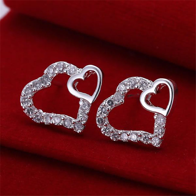 ESE104 Wholesale silver plated earrings , Factory price 925 stamped fashion jewelry Inlaid Double Heart Earrings E104 /ayiajppa