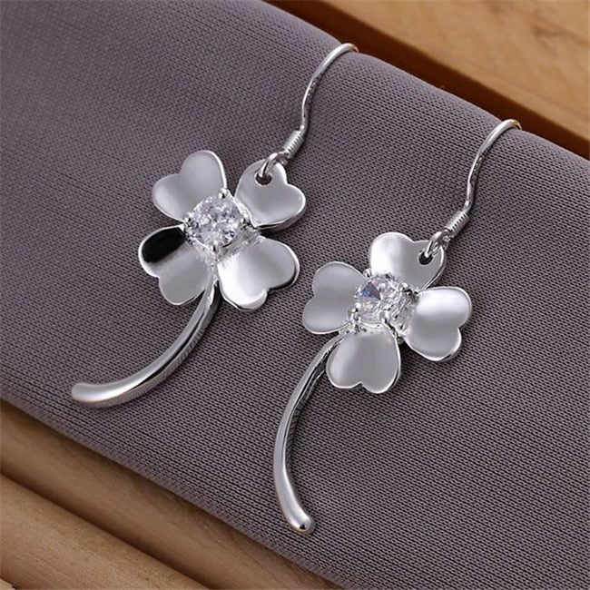 ESE162 Wholesale silver plated earrings , Factory price 925 stamped fashion jewelry Inlaid Four-leaf Clover Earrings /azxajrea
