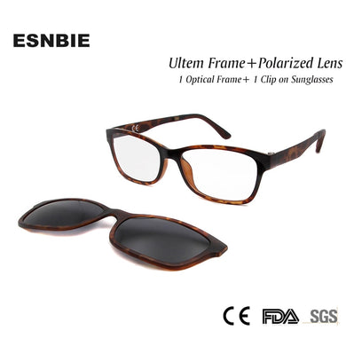 ESNBIE Nerd Glasses Frame Women Men with Clip On Sunglasses Polarized Sun Glasses Lens Driving Glass Ultem Spectacle Frame