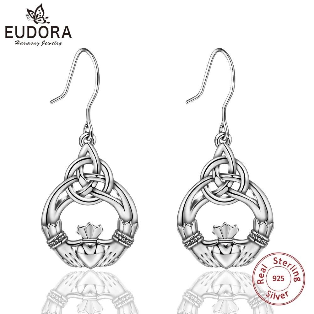 Genuine 925 Sterling Silver Claddagh Celtics Knot Drop Earring Crown & Heart Dangle Earrings for Women Fine Jewelry CYE65