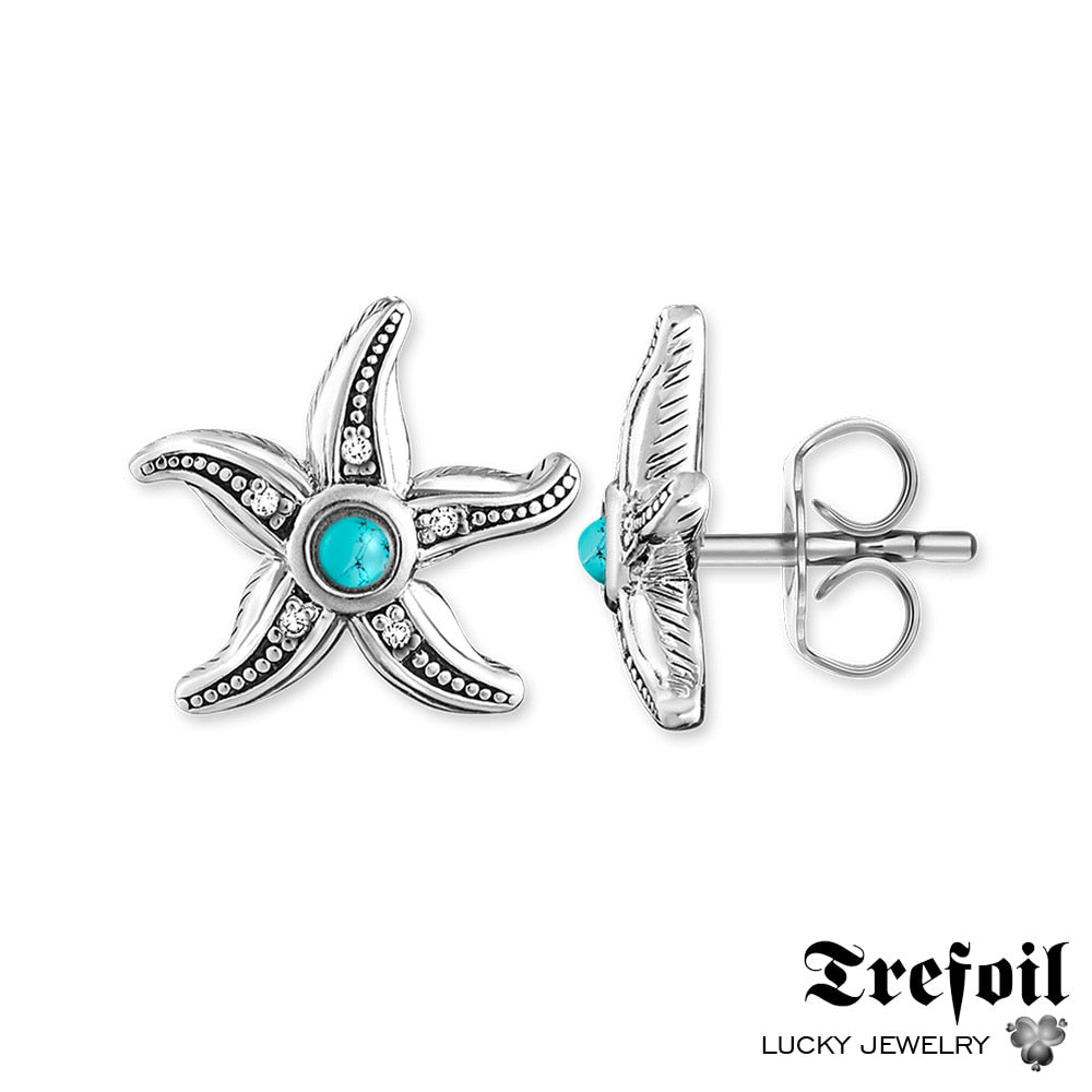 Ear Stud Ethnic Starfish,925 Sterling Silver Fashion Jewelry Trendy CZ Gift For Women Girls 2018 New Blue Stone Earrings
