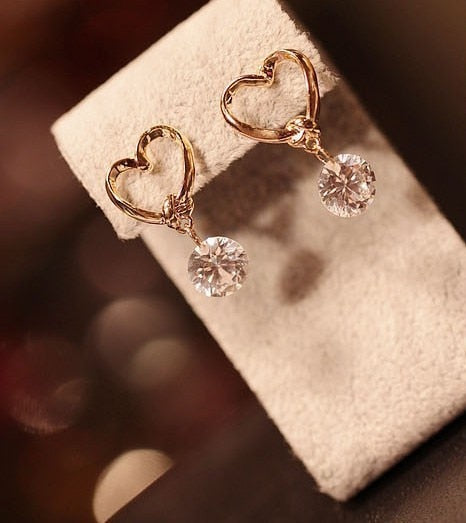 Earings Fashion Jewelry White Crystal Dangle Earrings Heart Design Gold-color Women Wedding Earrings Gift Party Earrings