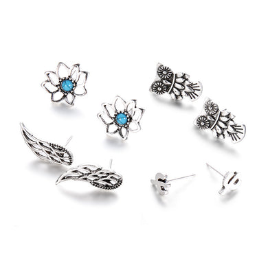 Earrings Set Owl Wings Lotus Cactus Stud Earring Women Antique Silver Color Blue Beads Stone Flower Hollow Out Jewelry 4 Pairs