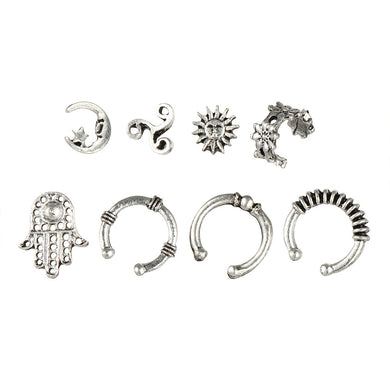 Earrings Sets Sun Moon Star Hollow Hand Flower Charm Women Ancient Silver Color Round Circles Ear Stud Cuff Clip Jewelry 8 Pcs