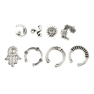 Earrings Sets Sun Moon Star Hollow Hand Flower Charm Women Ancient Silver Color Round Circles Ear Stud Cuff Clip Jewelry 8 Pcs
