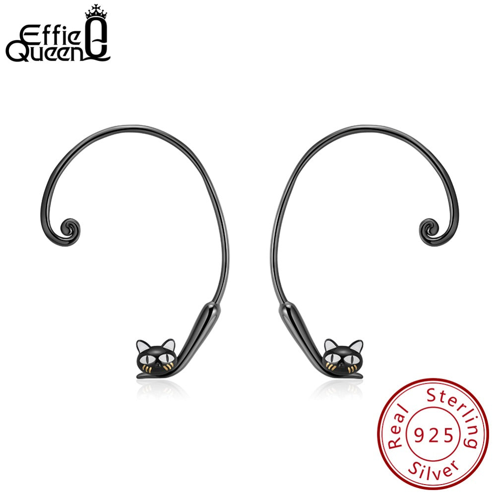 925 Sterling Silver Big Stud Earrings For Women Black Gun Plated Earrings Silver Jumping Cat Jewelry Brinco DSE91