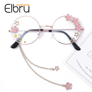 Elbru Cute Sakura Pendant Optical Glasses Frame Women Girls Round Retro Eyeglasses Cosplay Decor Eyewear Glass Oculos De Gafas