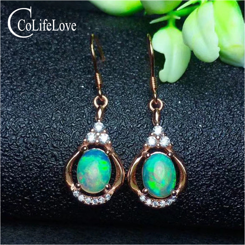 Elegant 925 silver opal drop earrings 6 mm * 8 mm natural brilliant opal drop earrings for party sterling silver opal jewelry