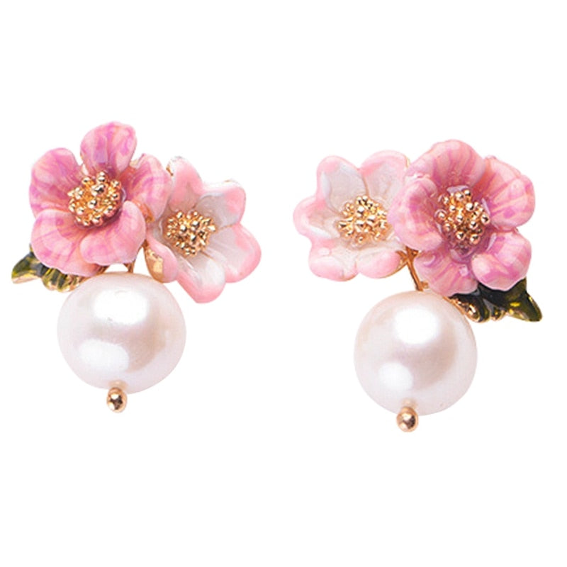Elegant Enamel Flower Simulated Pearl Stud Earrings Handmade Fashion Jewelry Vintage Earrings for Women Gift