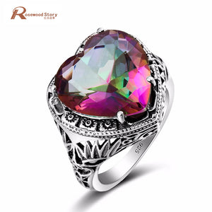 Elegant Heart Ring Fire Rainbow Mystic Topaz CZ Stone Wedding Jewelry 925 Sterling Silver Ring Engagement Promise Love Rings