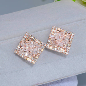 Elegant Hollow Shiny Full Crystal Square Stud Earrings for Women Bijoux Charm Rose Gold Color Flower Earrings Brinco Gift WX089