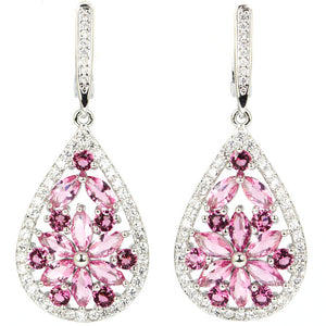 Elegant Pear Shape Pink Tourmaline, CZ Woman's Engagement Silver Earrings 45x18mm