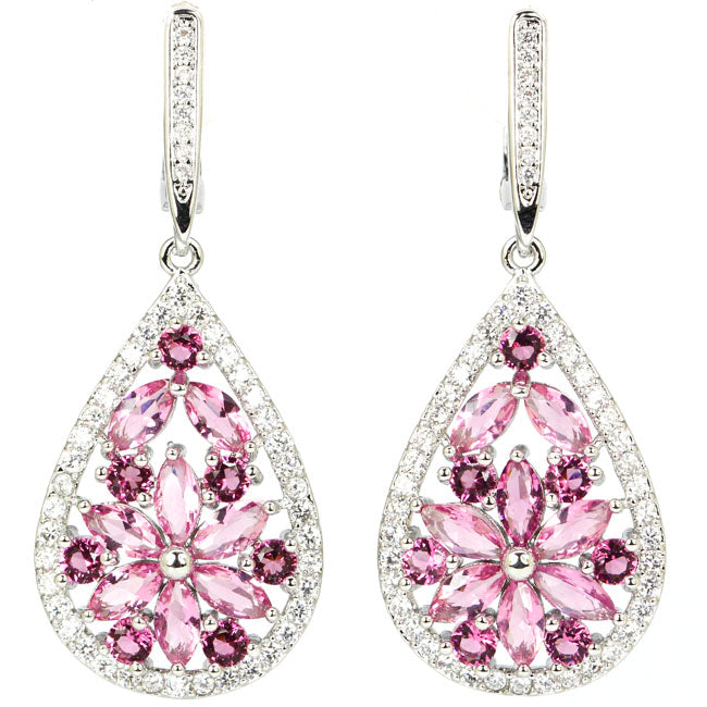 Elegant Pear Shape Pink Tourmaline, CZ Woman's Engagement Silver Earrings 45x18mm
