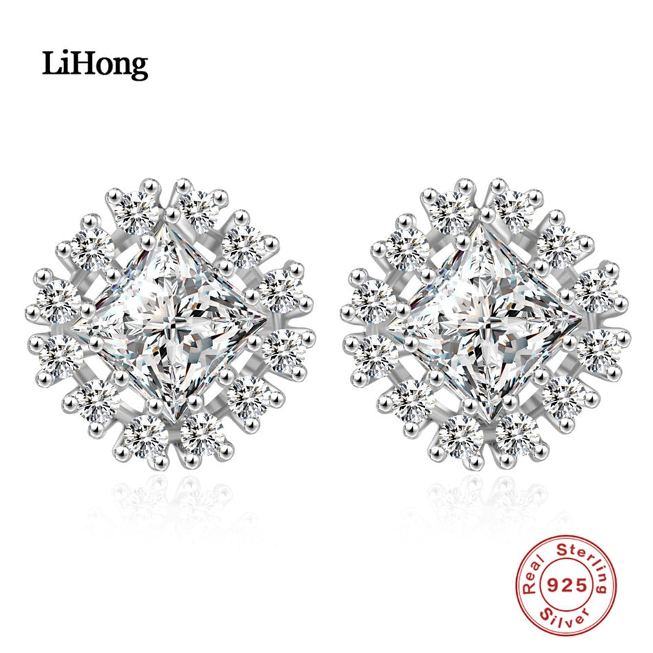 Elegant Square Shaped Cubic Zirconia Bridal Stud Earrings 925 Sterling Silver Luxury Wedding Jewelry For Brides