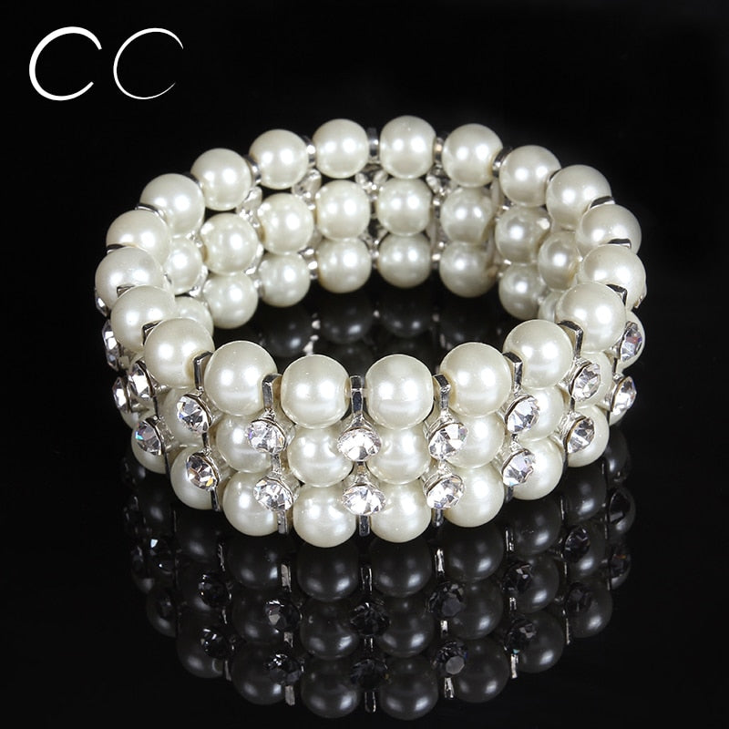 Elegant multi layers charms bridal's pearl & austrian crystal bracelet bangles for women wedding fashion jewelry biloux E022