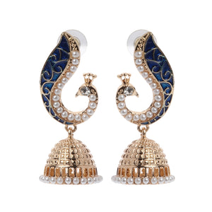 Ethnic Indian Gold Pearl Blue Peacock Drop Earrings For Women Jhumka Jhumki Drop Earrings Gypsy Jewelry Exquisite Earrings