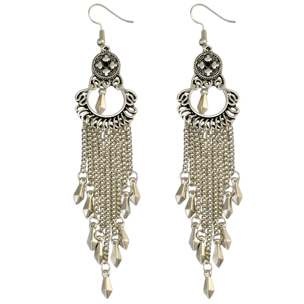 Ethnic Tibetan Silver Plated Long Chain Tassels Drop Dangle Earring for Women Boho Brinco Jewelry