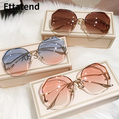 Ettatend 2023 Rimless Sunglasses Women Ocean Lens Metal Curved Temples Sun Glasses Vintage Shades for Female UV400