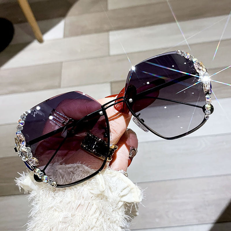 Ettatend Rimless  Rhinestone Bling Sunglasses Women Desinger Personality Sun Glasses Vintage Shades Gradient Lens