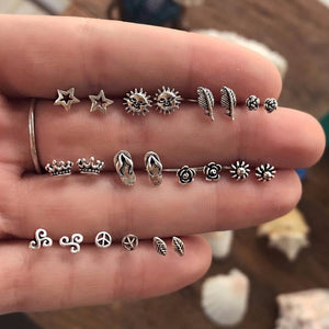 Europe and the United States Fashion Bohemian Star Crown Sun Stud Earrings 11 sets