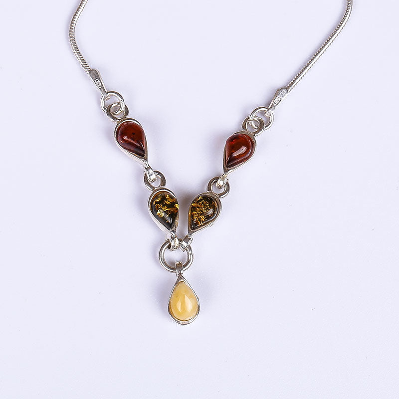 Europe and the United States simple drop-shaped 925 sterling silver inlaid 100% natural amber beeswax necklace female models