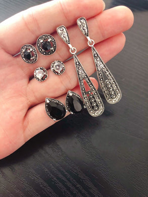 European jewelry bohemian black crystal long zircon 4 pairs of earrings wish new retro suit combination earrings