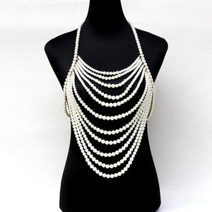 Exaggerated multi layer pearl chain tassel beaded harness necklace halter women sexy wedding bridal body jewelry