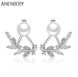 Exquisite 925 Sterling Silver Jewelry Front Back Double Sided Leaves Petals Zircon Pearl Stud Earrings brincos For Women S-E107