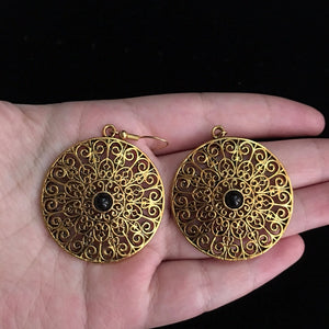 Exquisite India Israeli Golden Round Earrings Black Onyx Tribal Big Earrings Mandala Middle East, Afghanistan, Morocco, Pakistan